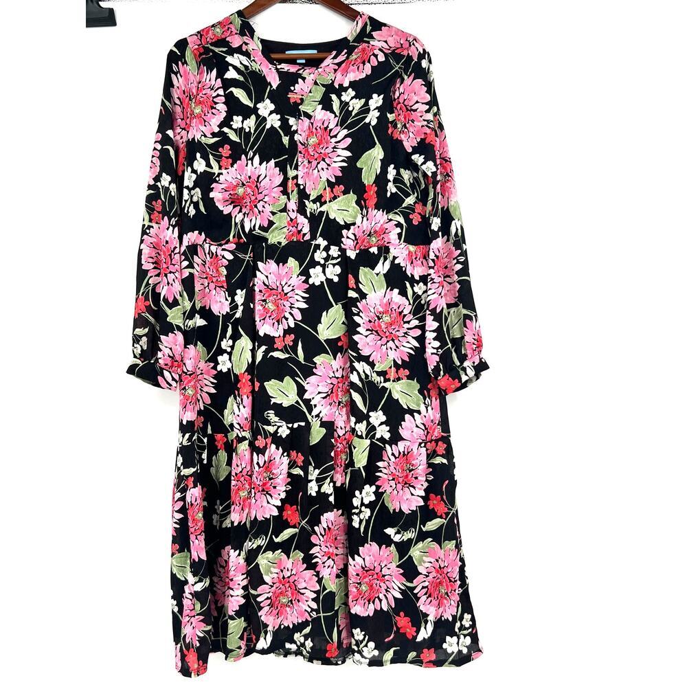 Draper James Long Sleeve Tiered Midi v-neck Dress black pink cottagecore medium - Picture 3 of 9